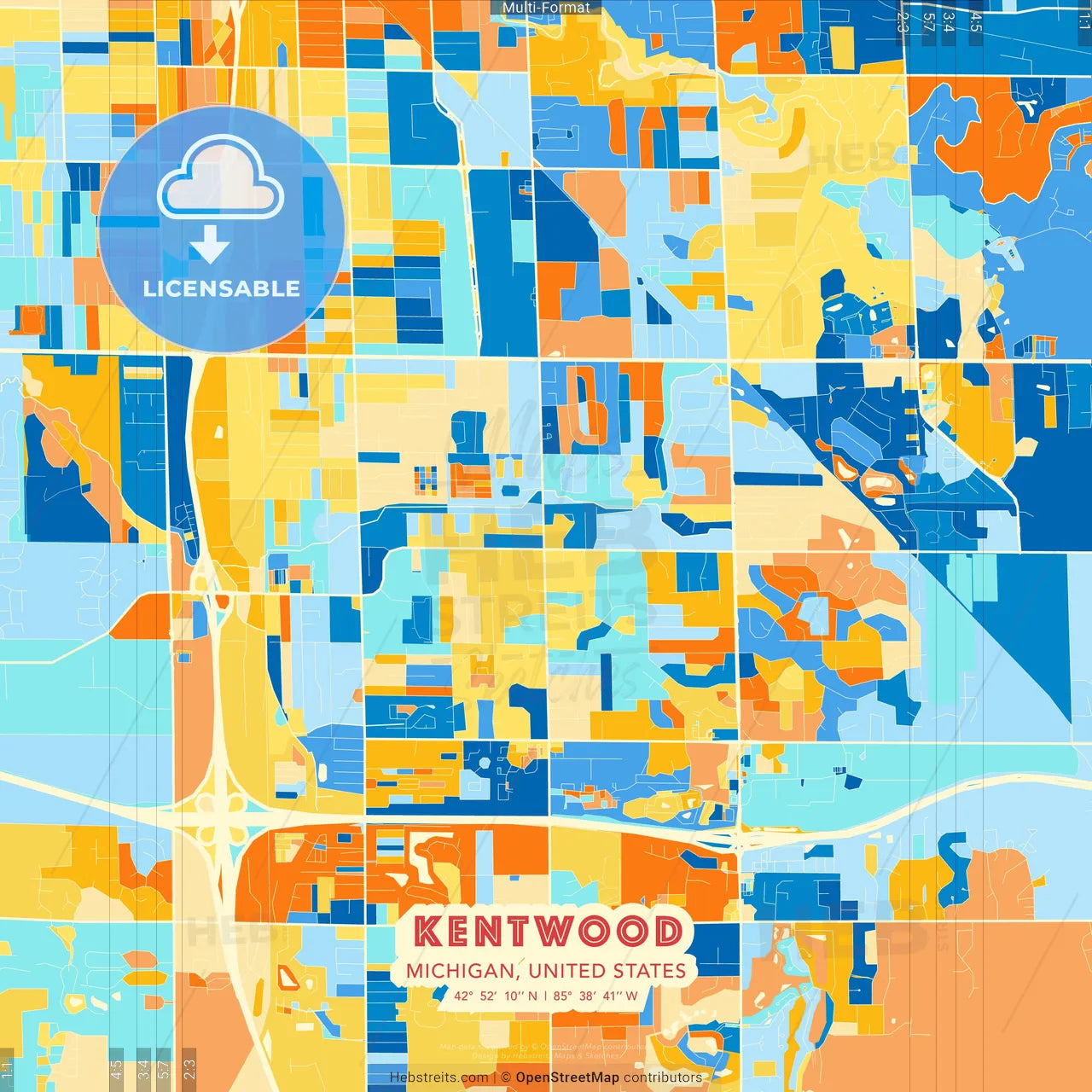 Kentwood, Michigan, United States blue and orange vector art map template
