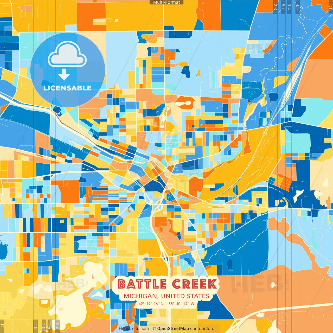 Battle Creek, Michigan, United States blue and orange vector art map template