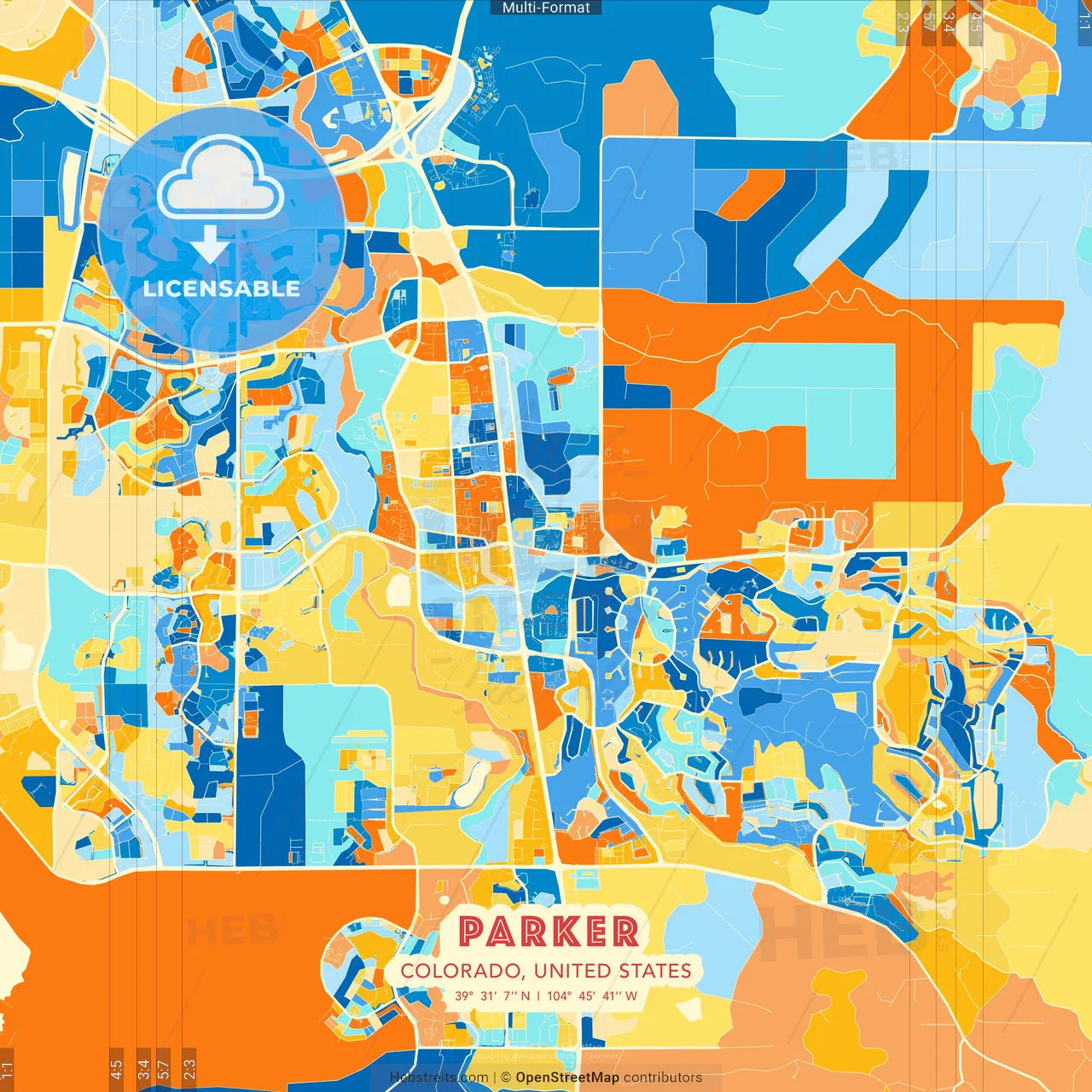 Parker, Colorado, United States blue and orange vector art map template