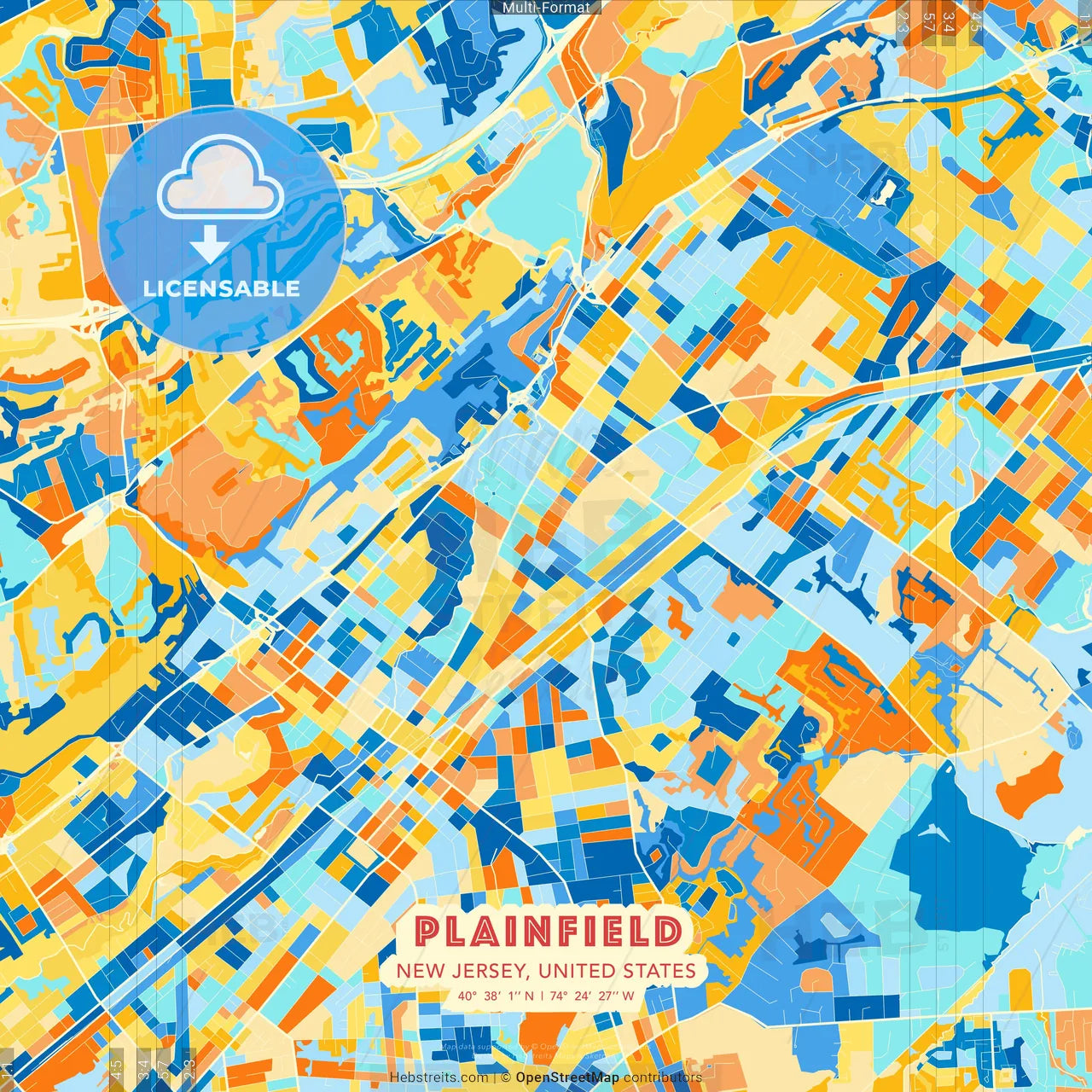 Plainfield, New Jersey, United States blue and orange vector art map template