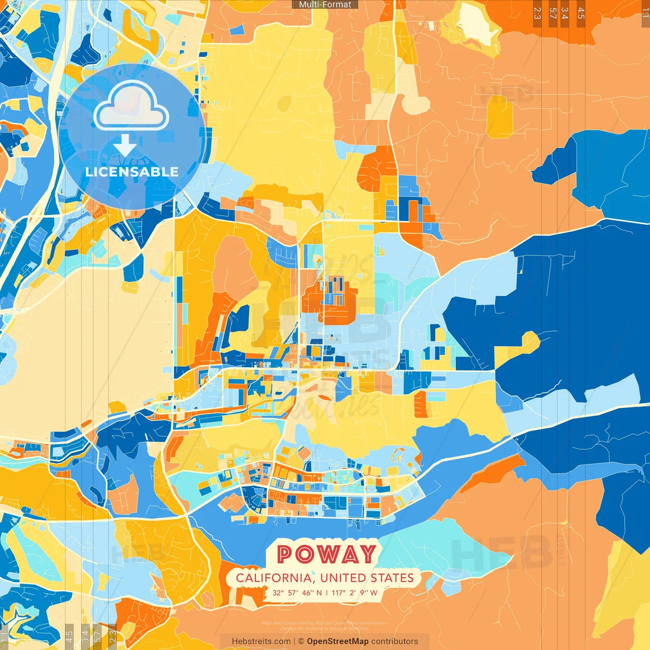 Poway, California, United States blue and orange vector art map template