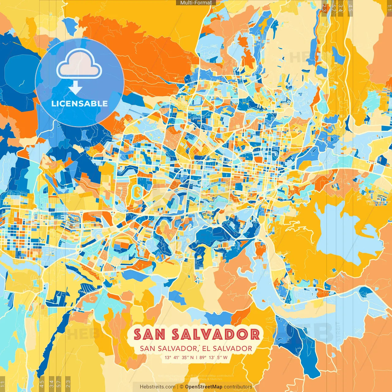 San Salvador, San Salvador, El Salvador blue and orange vector art map template