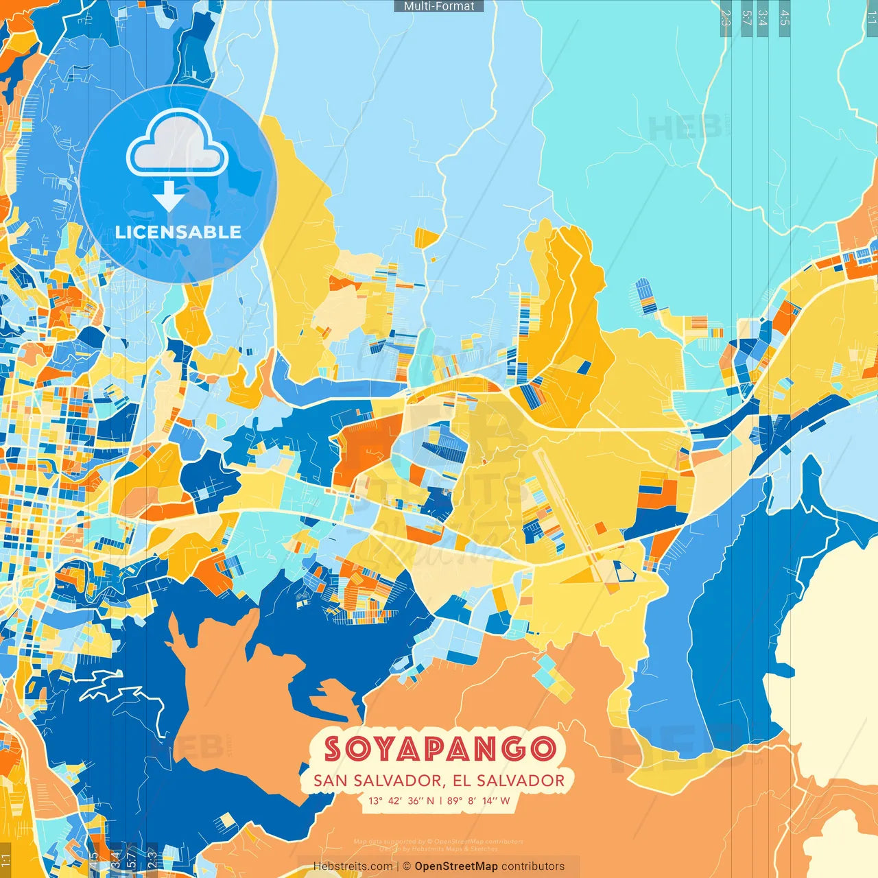 Soyapango, San Salvador, El Salvador blue and orange vector art map template