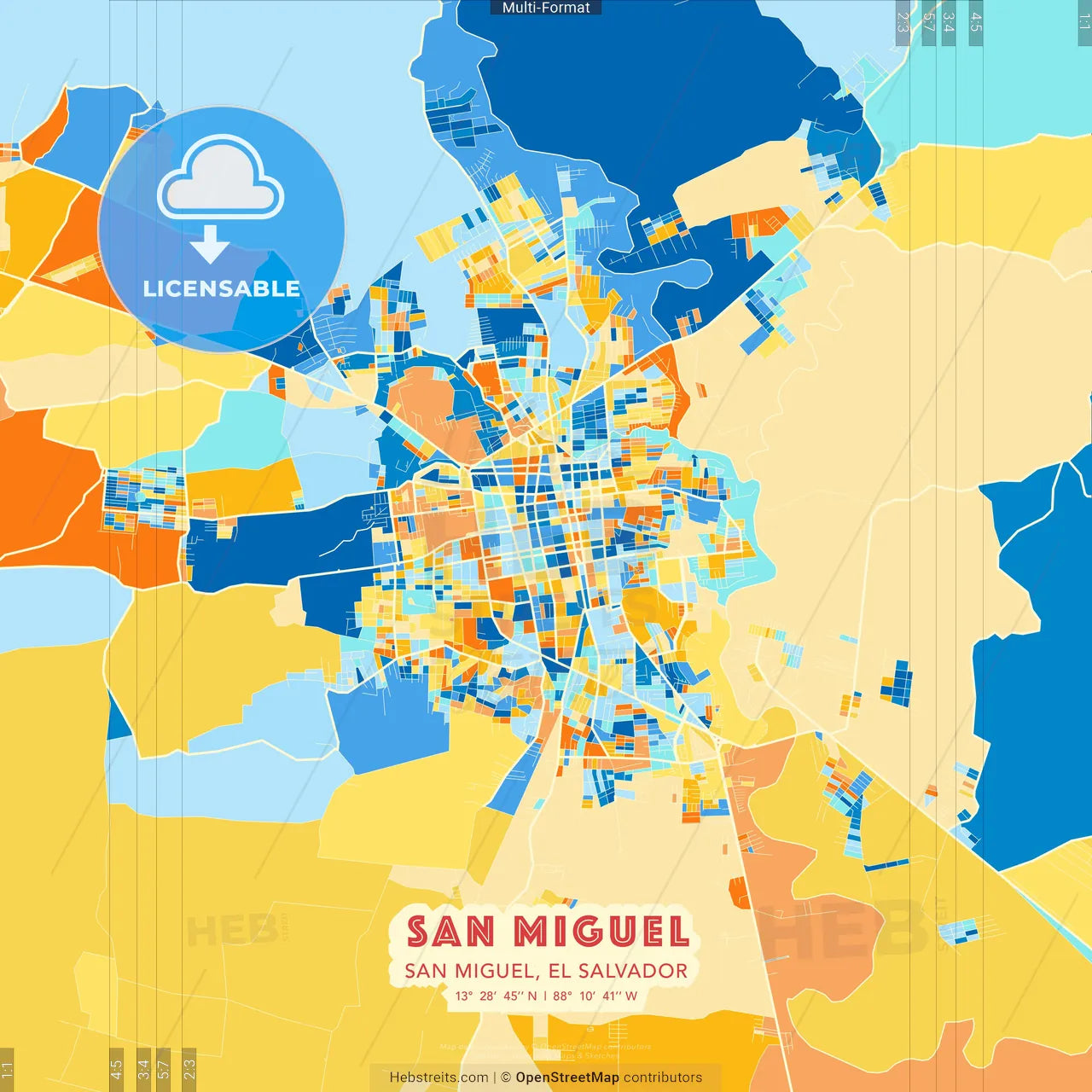San Miguel, San Miguel, El Salvador blue and orange vector art map template