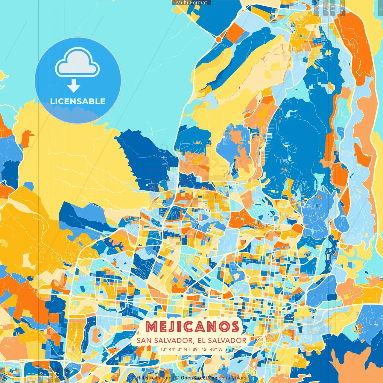 Mejicanos, San Salvador, El Salvador blue and orange vector art map template