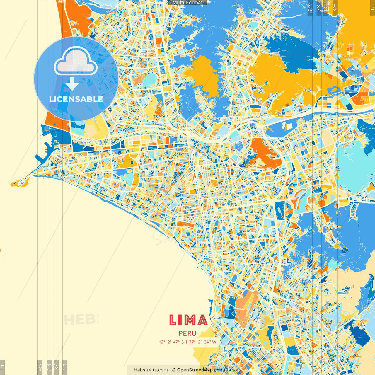 Lima, Peru blue and orange vector art map template