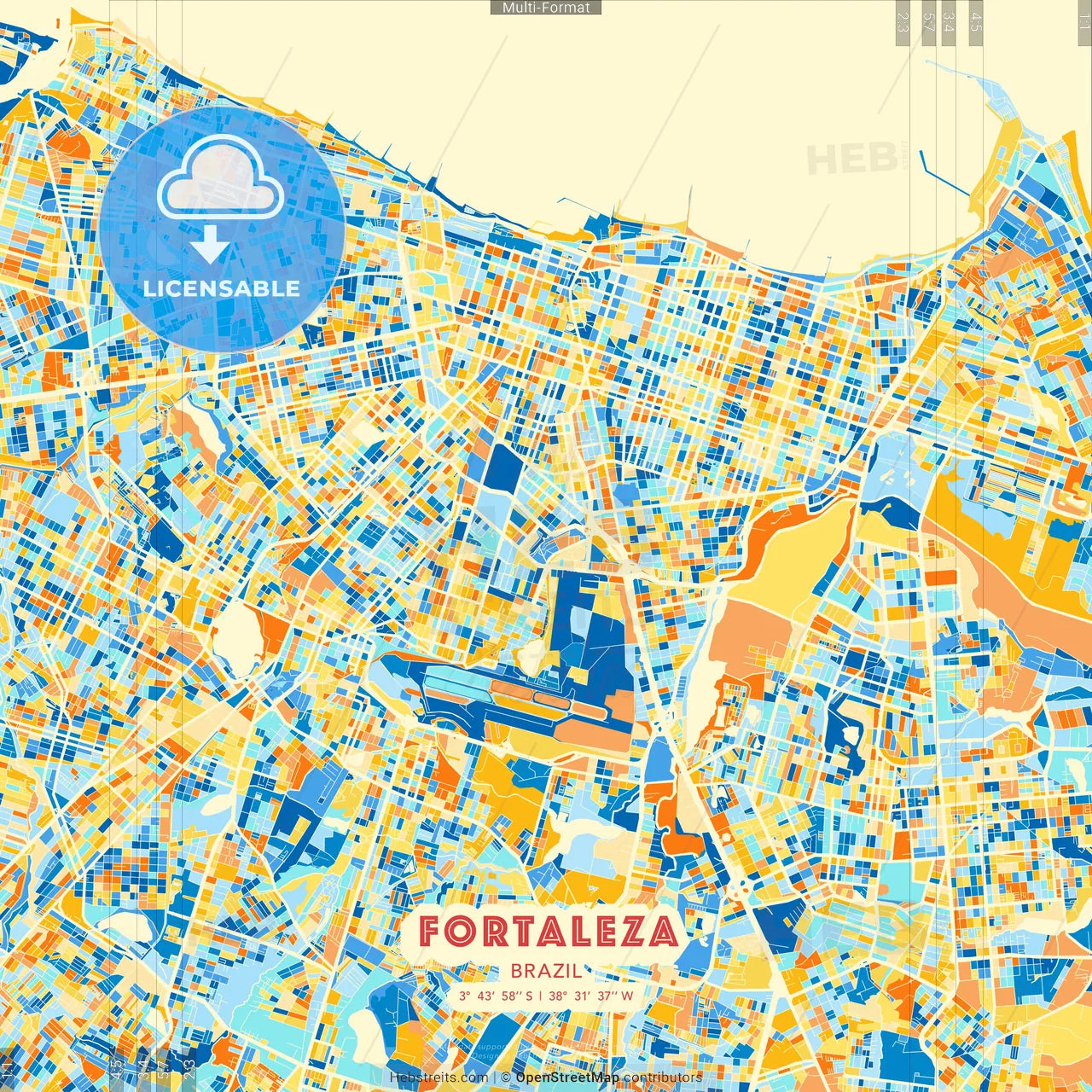 Fortaleza, Brazil blue and orange vector art map template