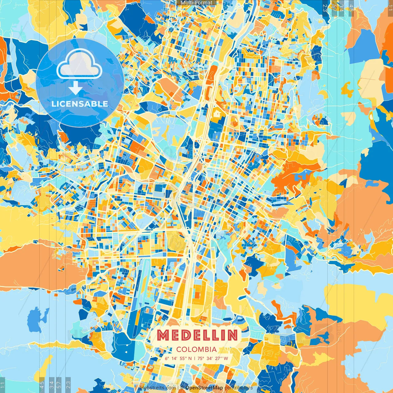 Medellin, Colombia blue and orange vector art map template