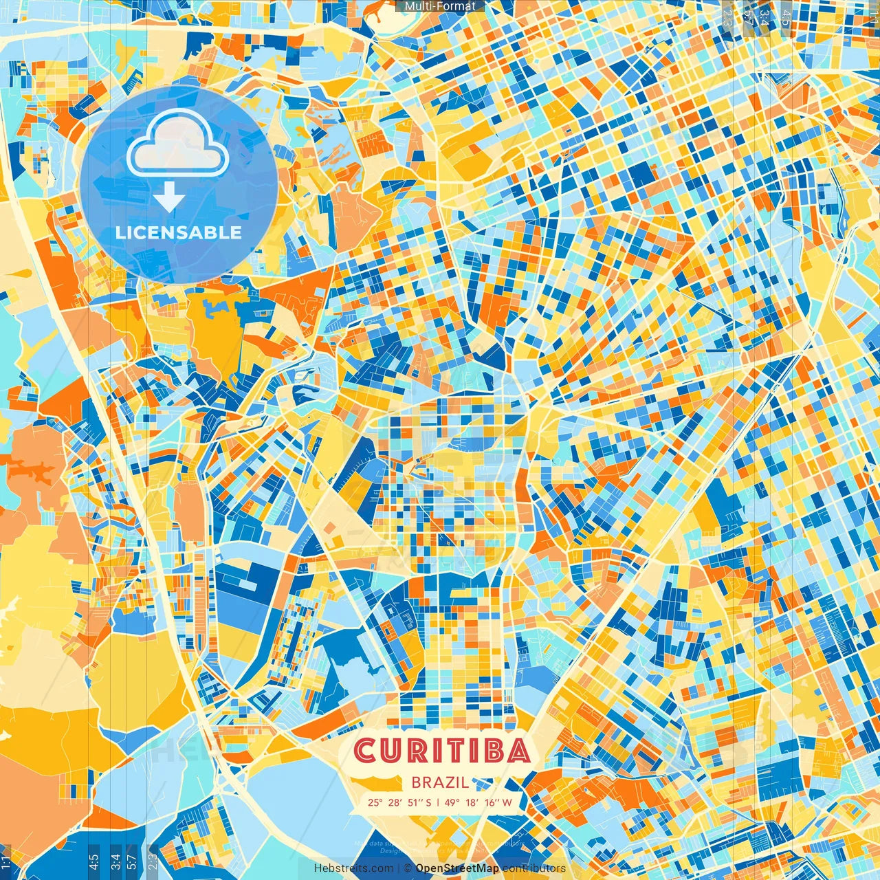 Curitiba, Brazil blue and orange vector art map template
