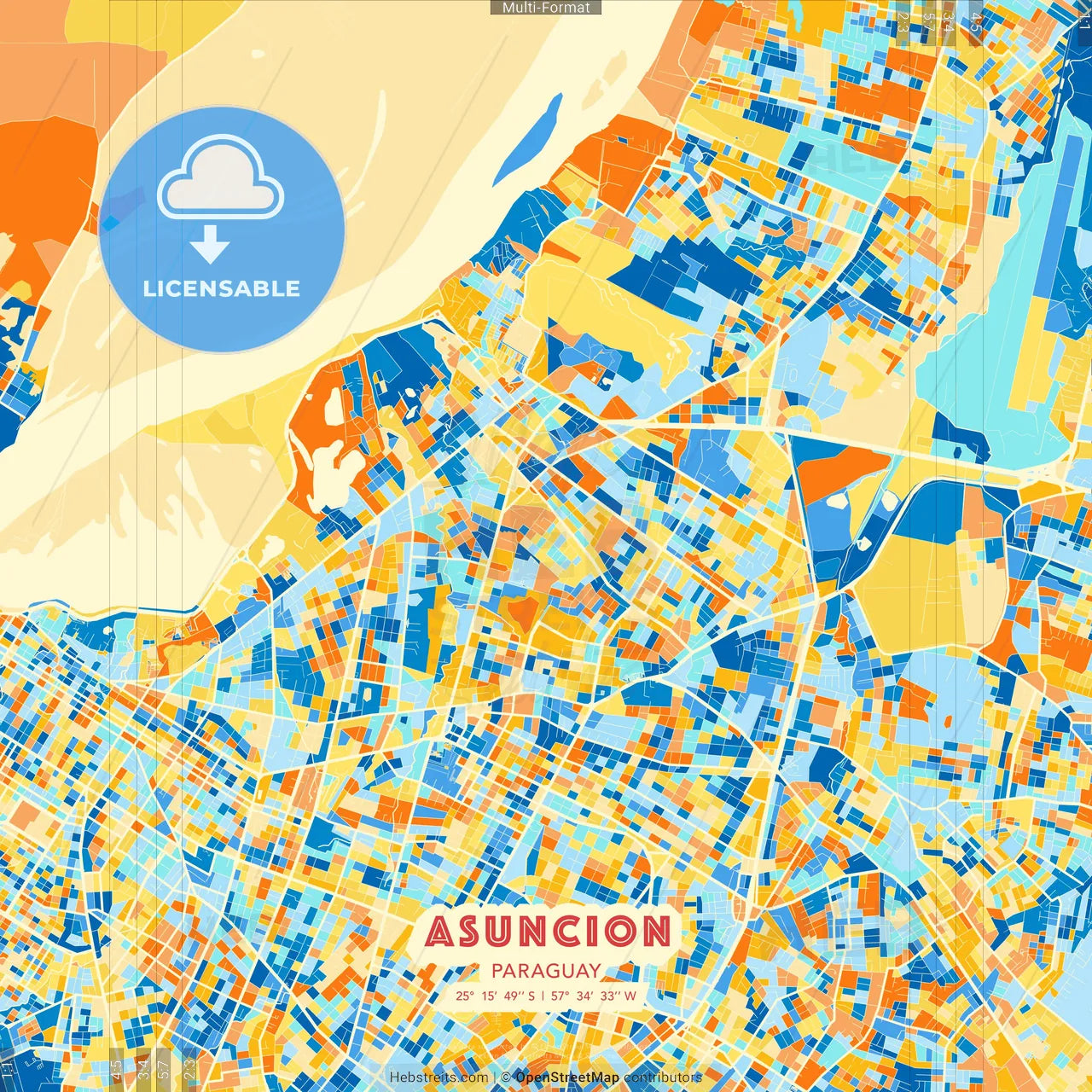 Asuncion, Paraguay blue and orange vector art map template