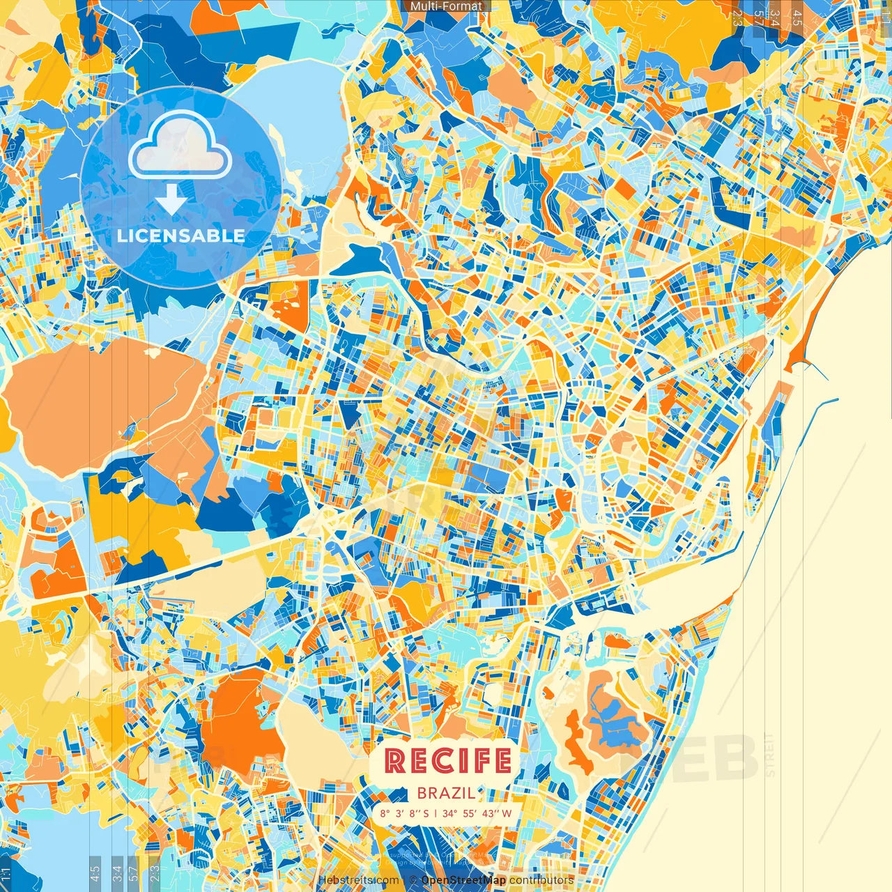 Recife, Brazil blue and orange vector art map template