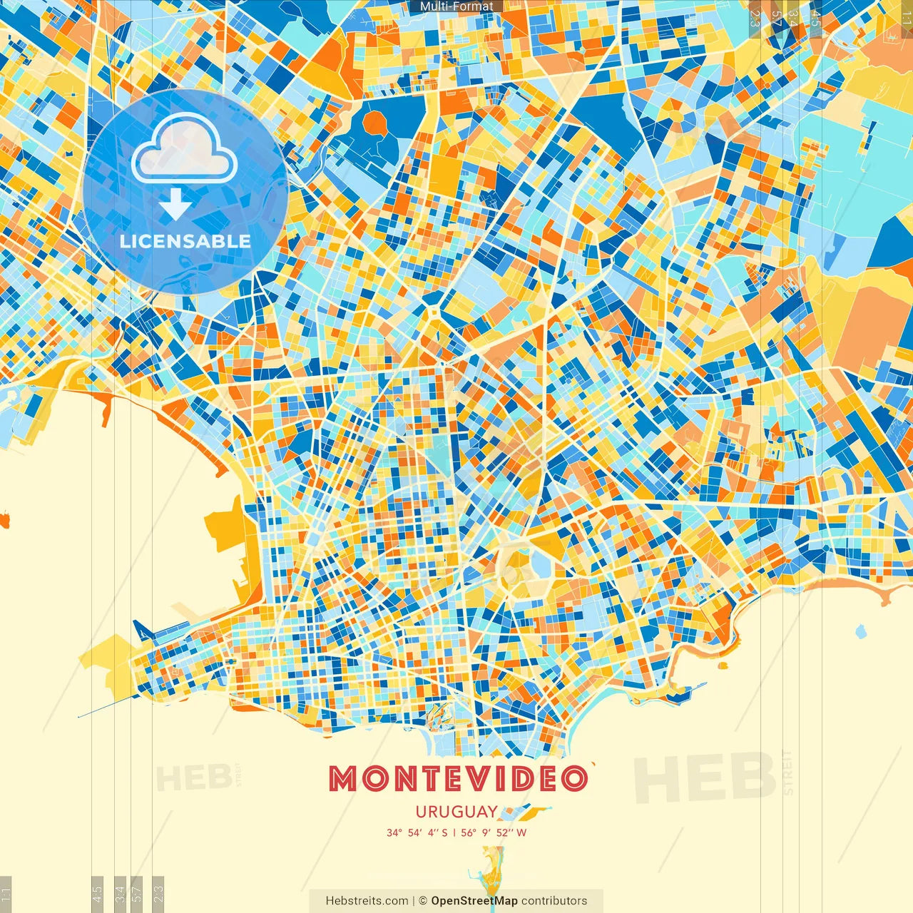 Montevideo, Uruguay blue and orange vector art map template