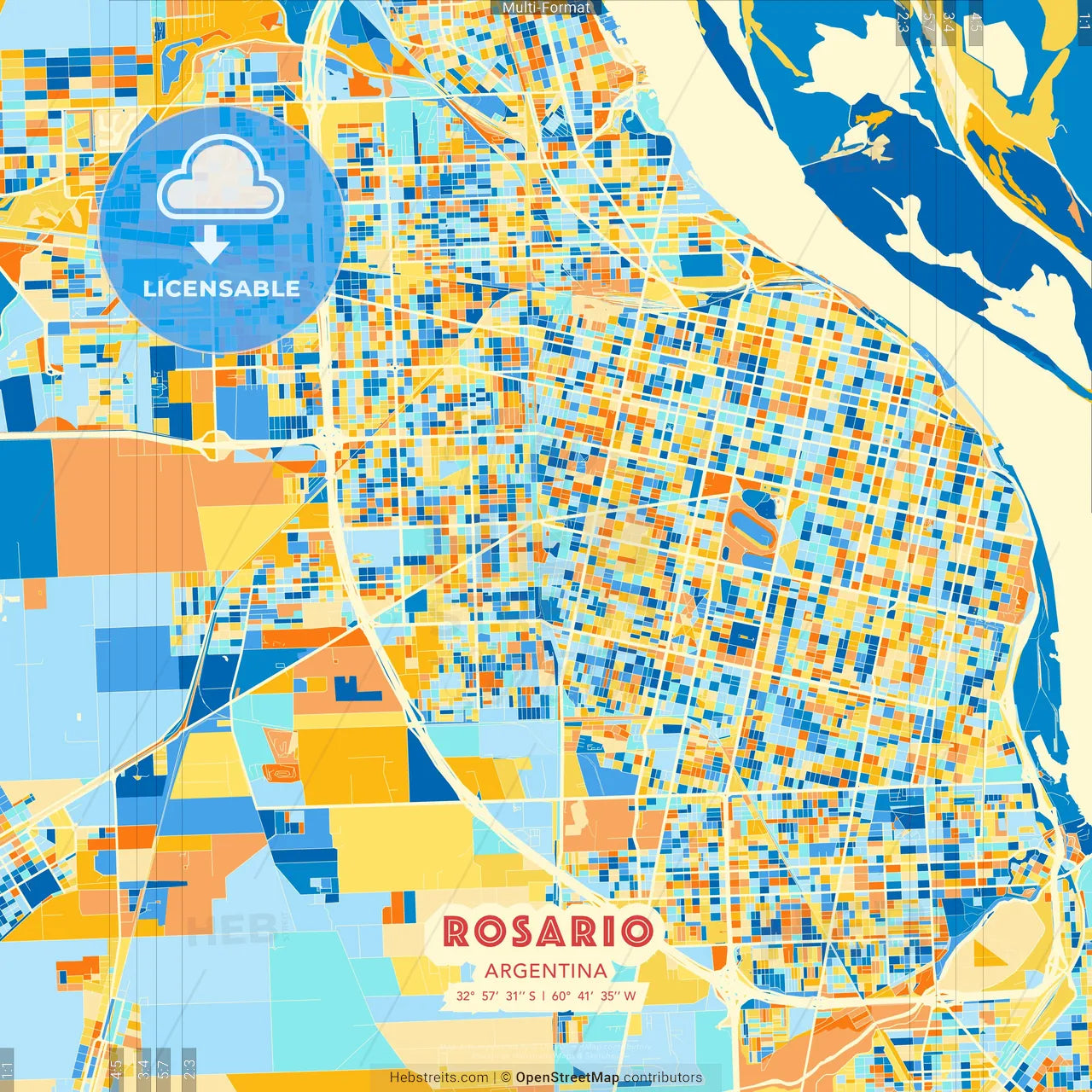 Rosario, Argentina blue and orange vector art map template
