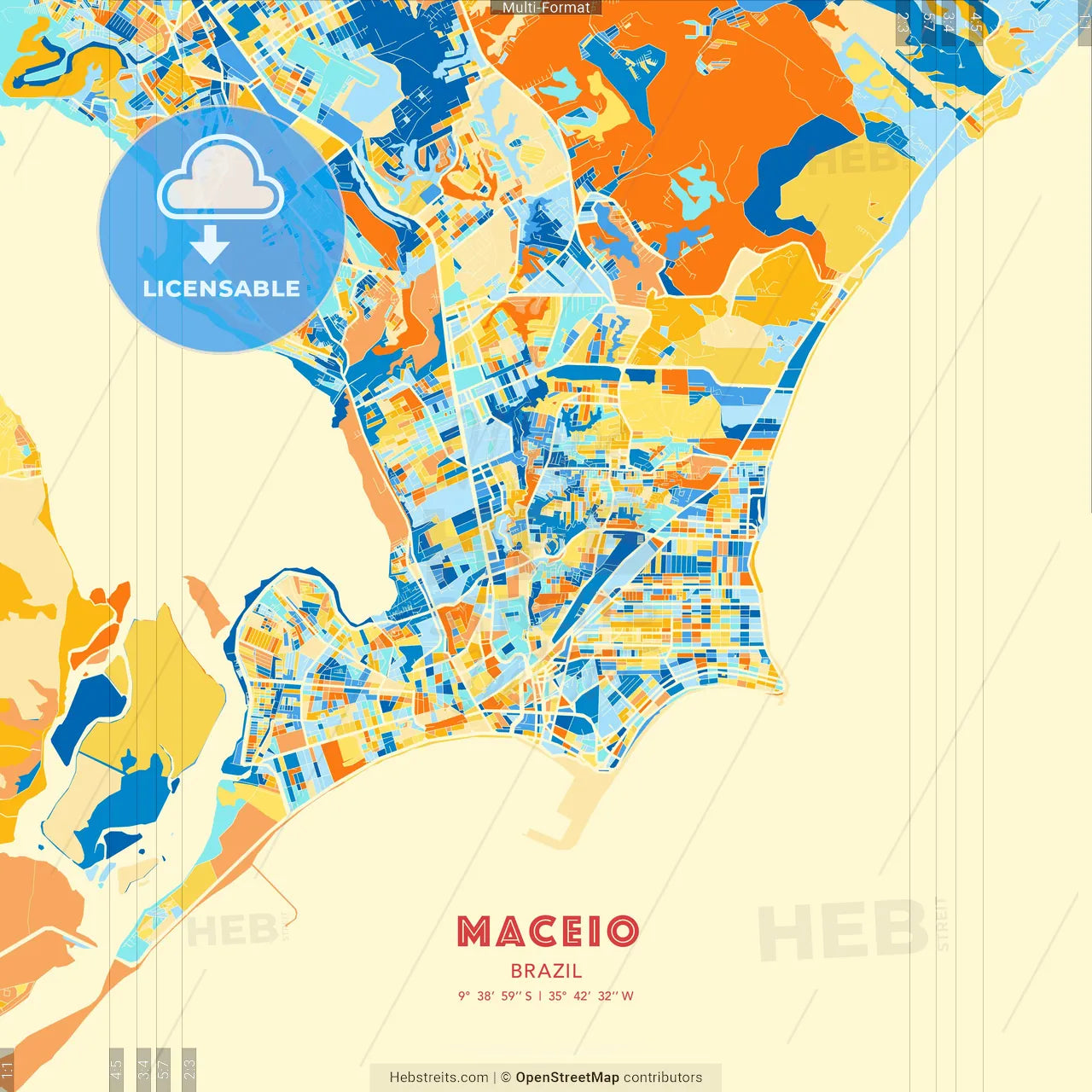 Maceio, Brazil blue and orange vector art map template