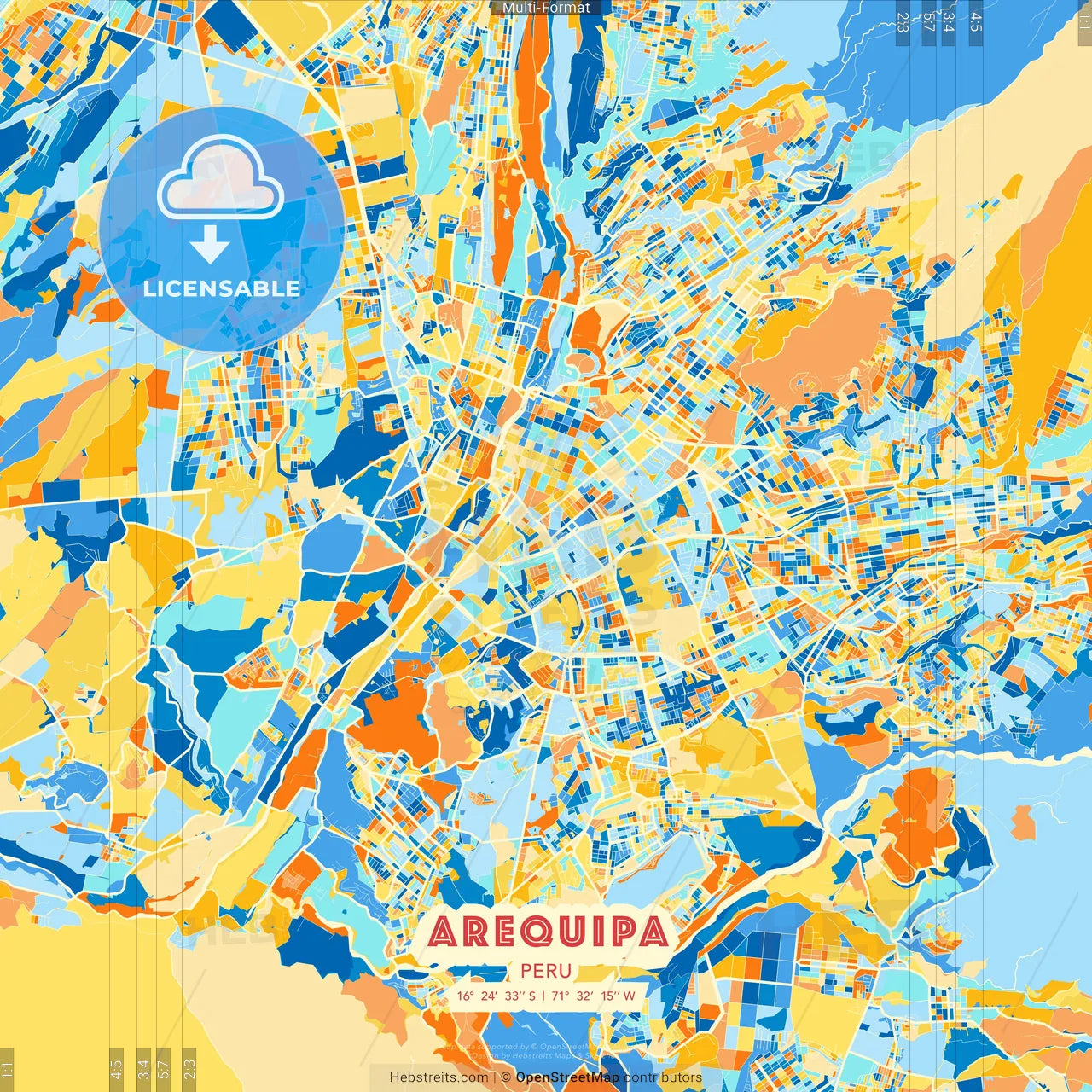 Arequipa, Peru blue and orange vector art map template