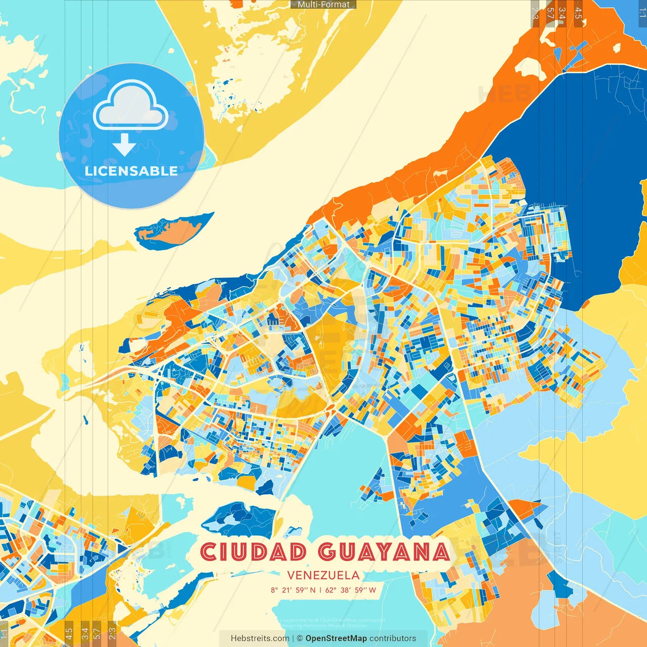 Ciudad Guayana, Venezuela blue and orange vector art map template