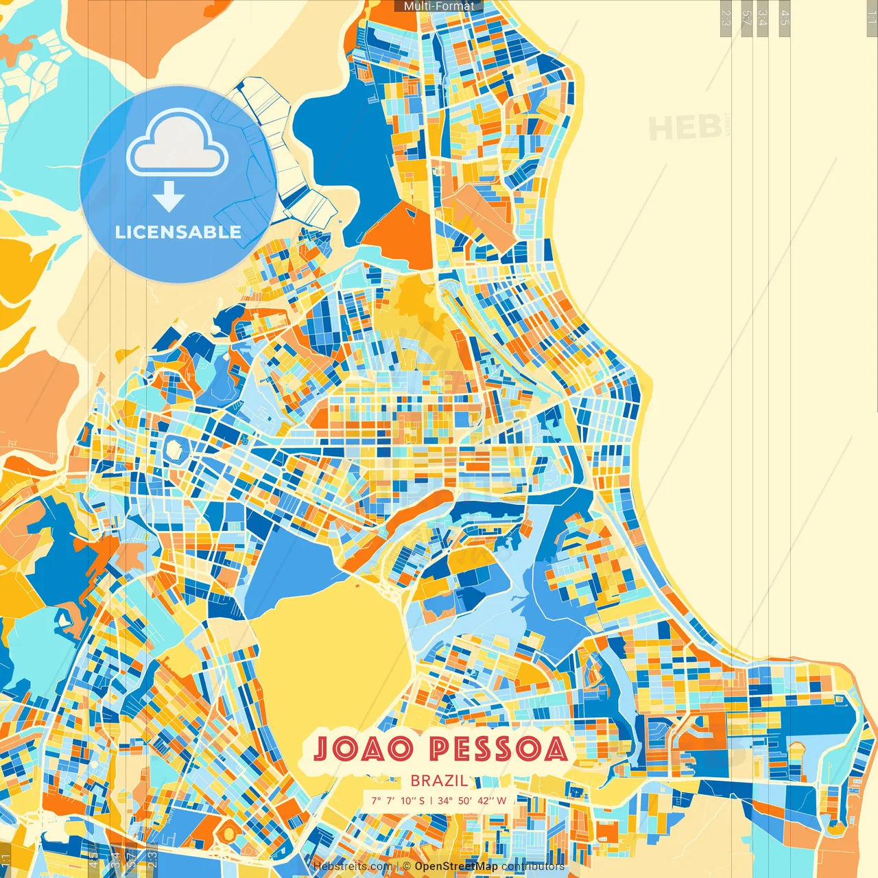 Joao Pessoa, Brazil blue and orange vector art map template