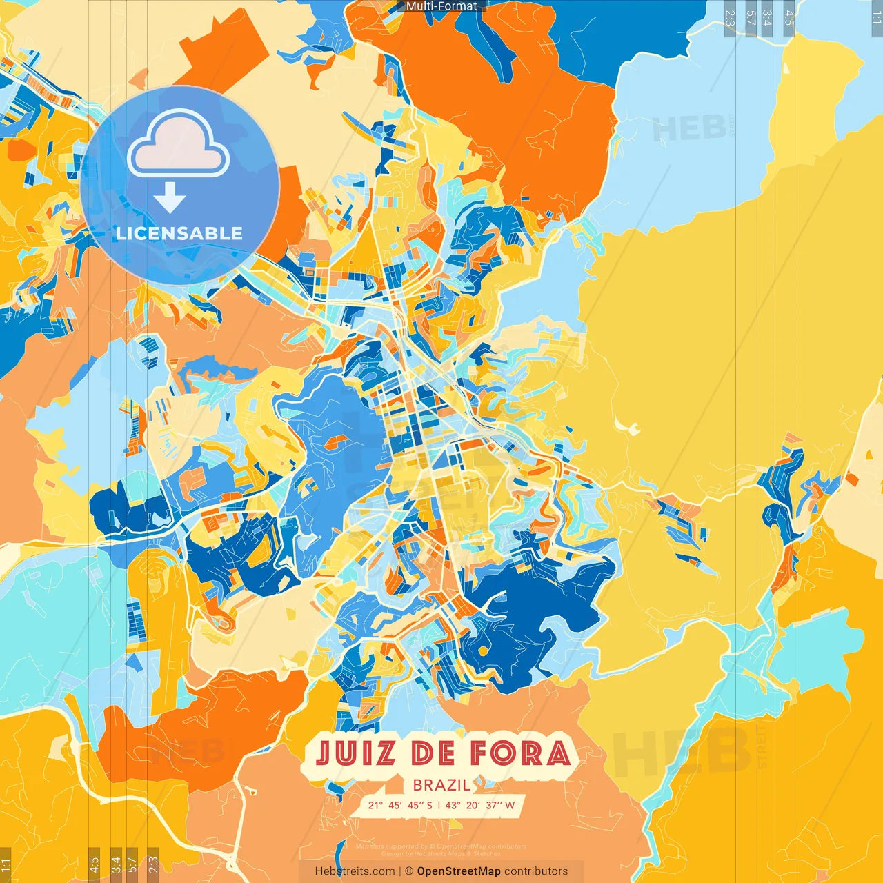 Juiz de Fora, Brazil blue and orange vector art map template