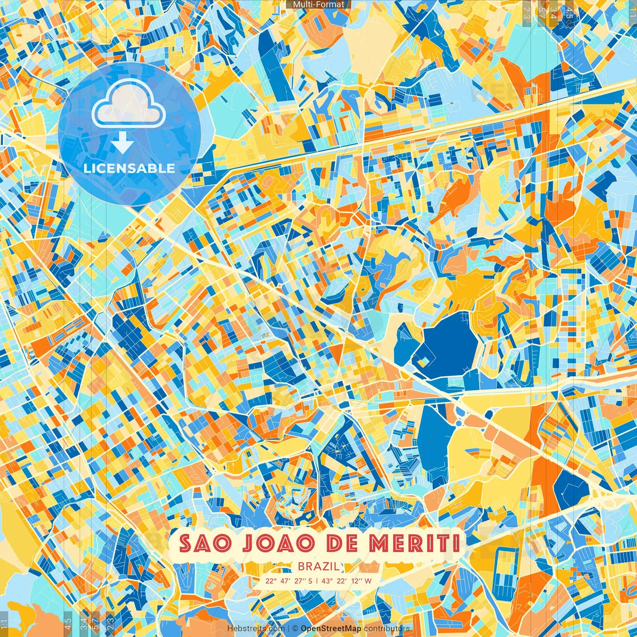 Sao Joao de Meriti, Brazil blue and orange vector art map template