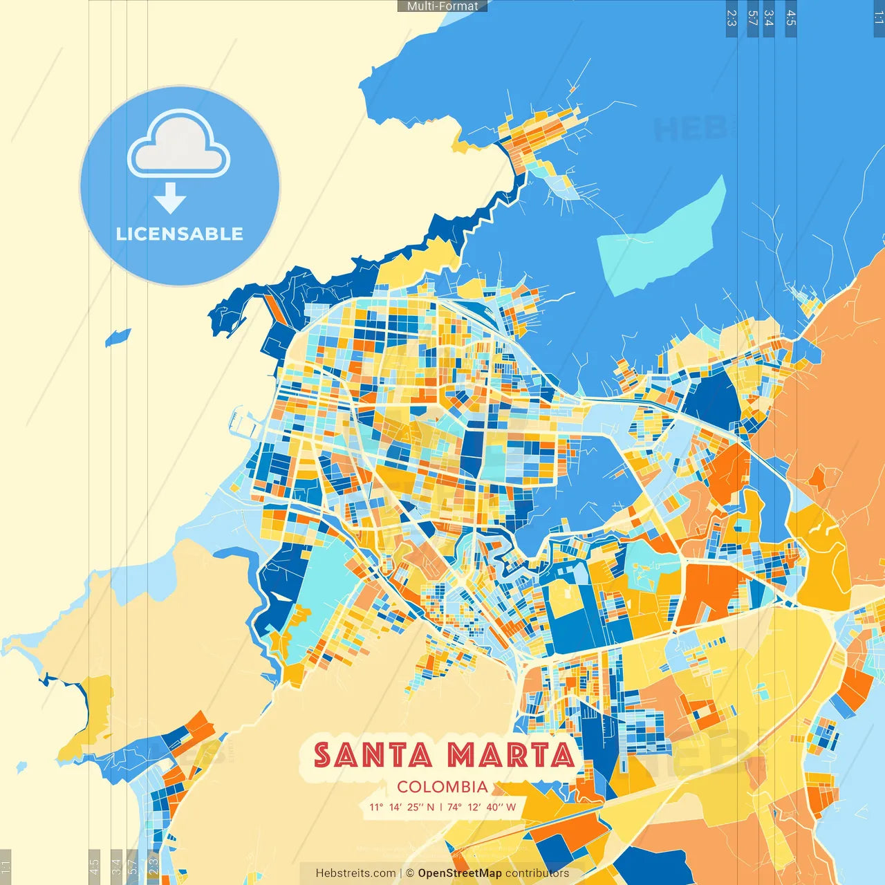 Santa Marta, Colombia blue and orange vector art map template