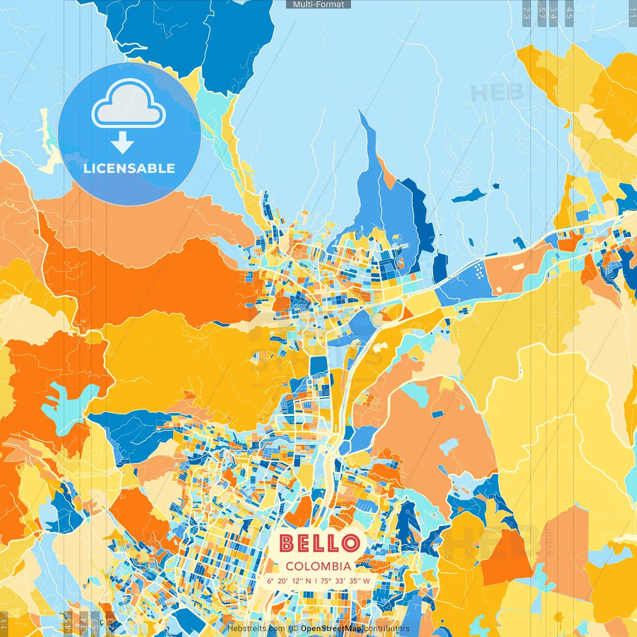 Bello, Colombia blue and orange vector art map template