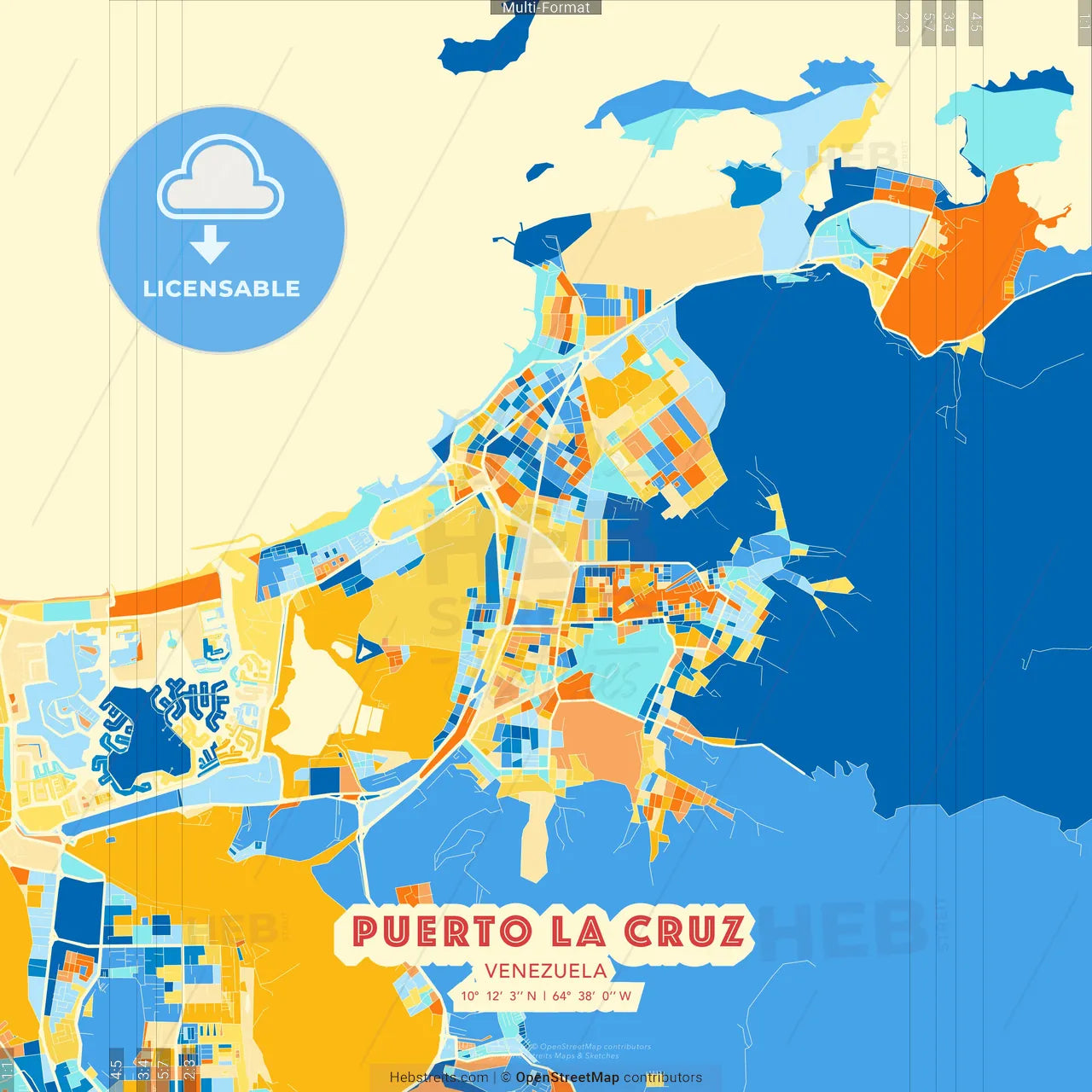 Puerto La Cruz, Venezuela blue and orange vector art map template