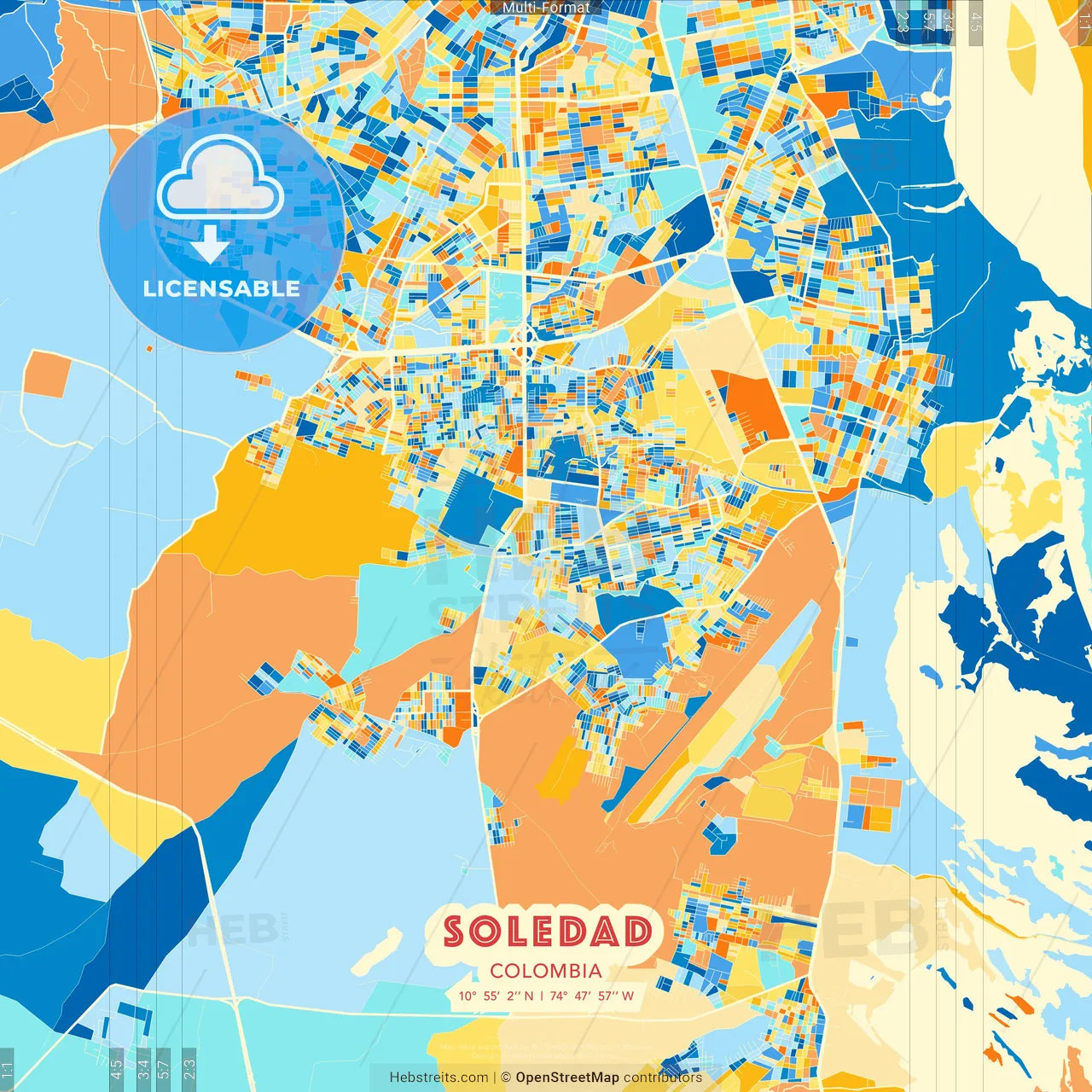 Soledad, Colombia blue and orange vector art map template