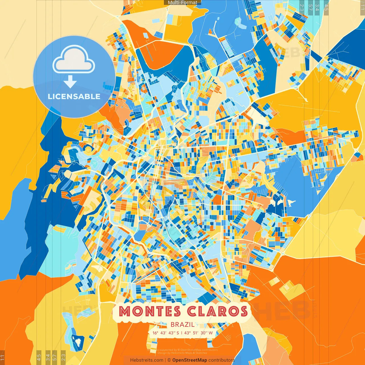 Montes Claros, Brazil blue and orange vector art map template