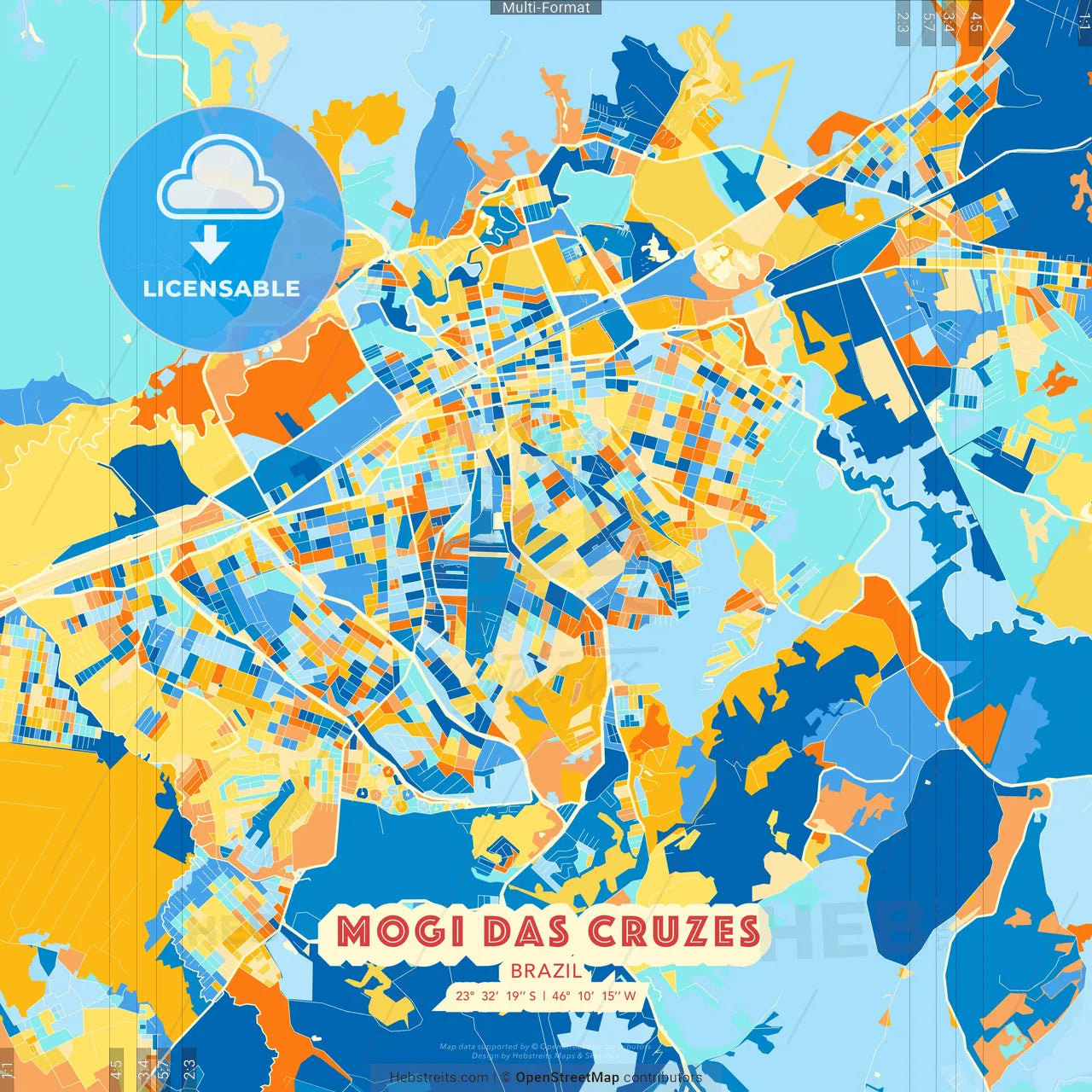 Mogi das Cruzes, Brazil blue and orange vector art map template