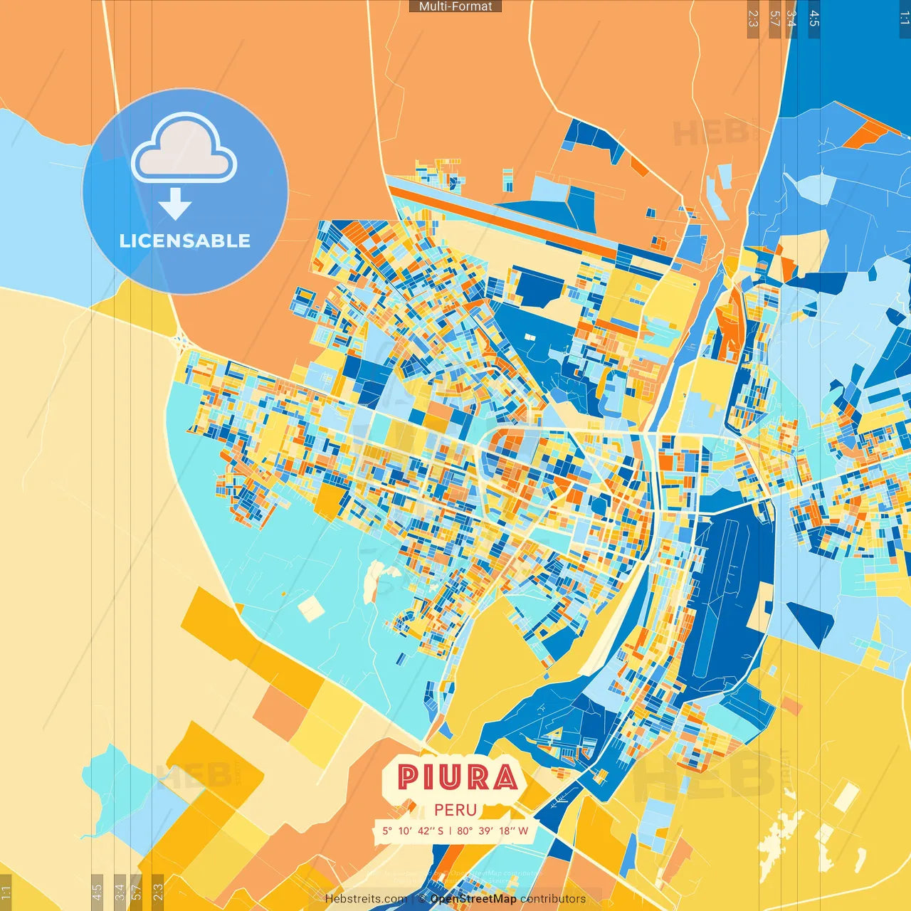Piura, Peru blue and orange vector art map template