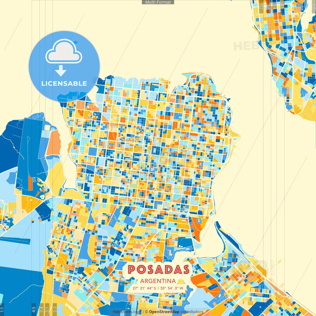 Posadas, Argentina blue and orange vector art map template