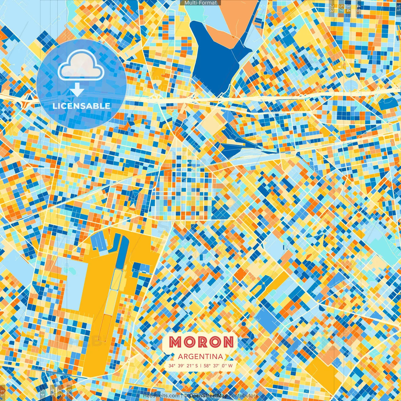 Moron, Argentina blue and orange vector art map template