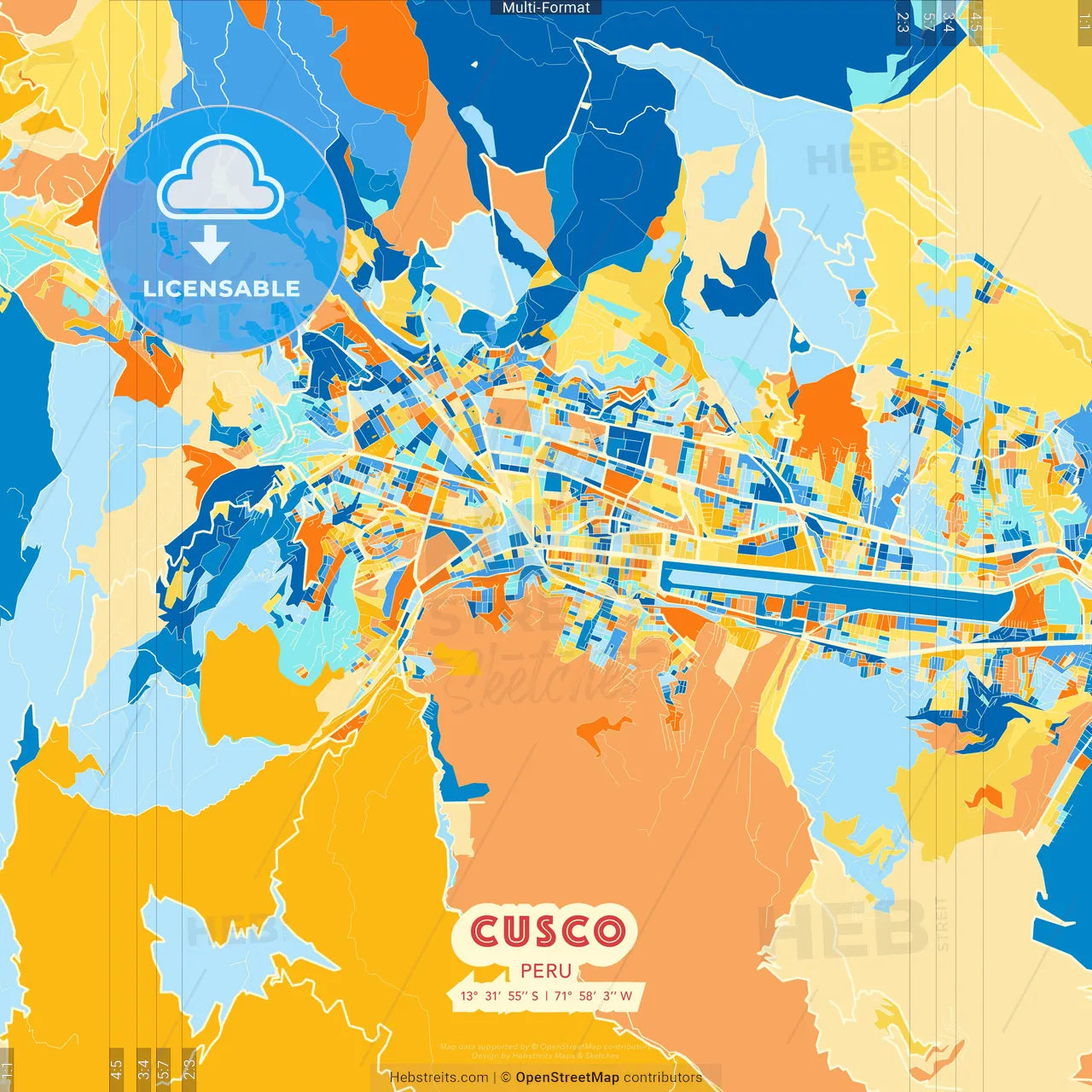 Cusco, Peru blue and orange vector art map template