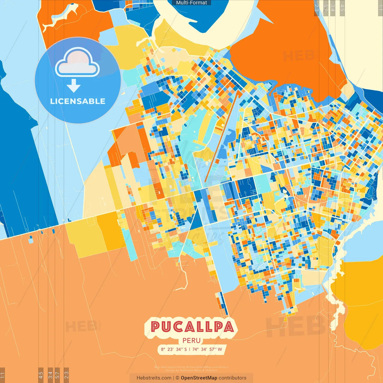 Pucallpa, Peru blue and orange vector art map template