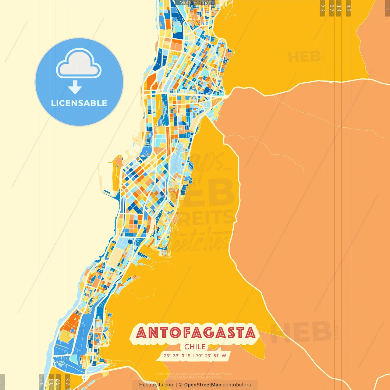 Antofagasta, Chile blue and orange vector art map template