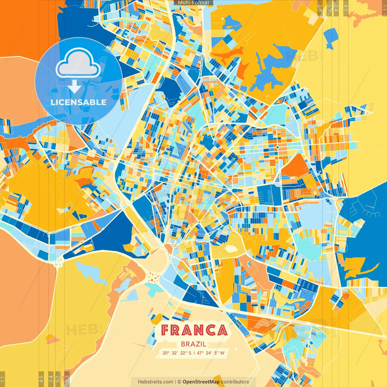 Franca, Brazil blue and orange vector art map template