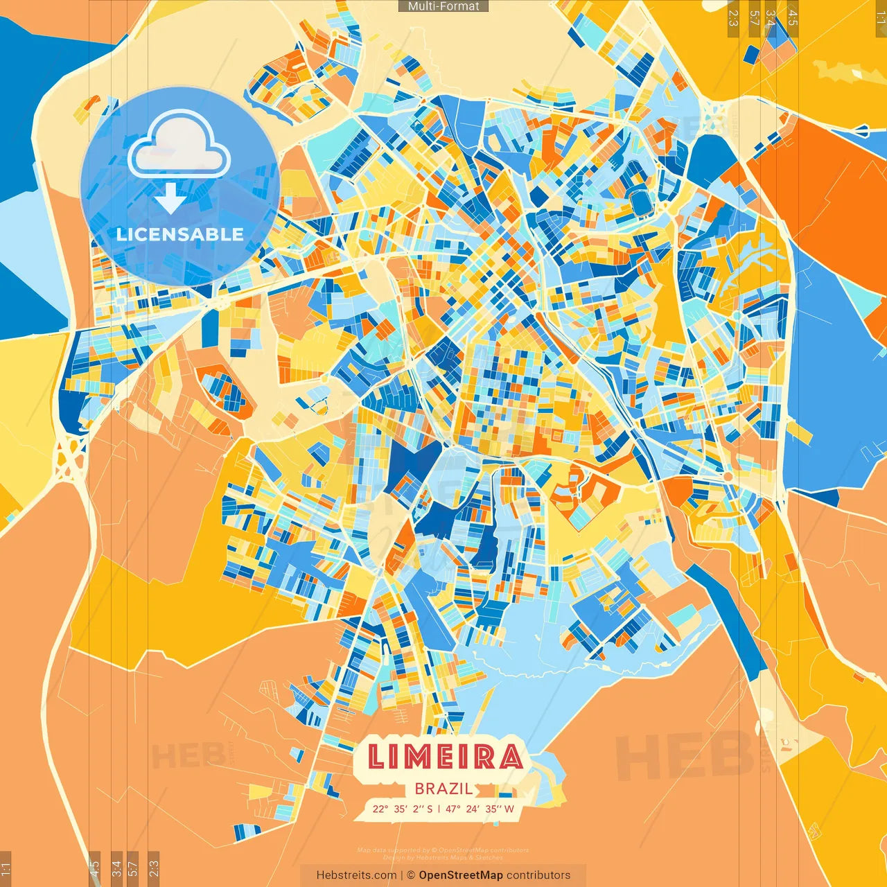 Limeira, Brazil blue and orange vector art map template