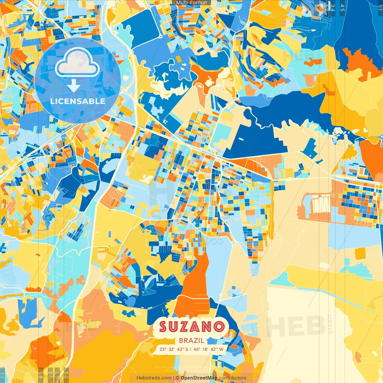 Suzano, Brazil blue and orange vector art map template