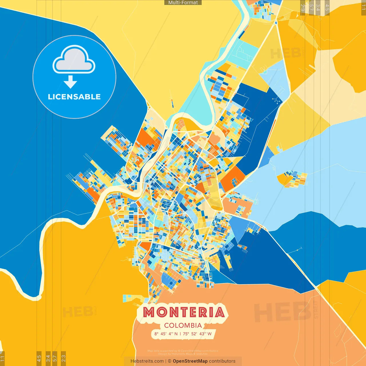 Monteria, Colombia blue and orange vector art map template