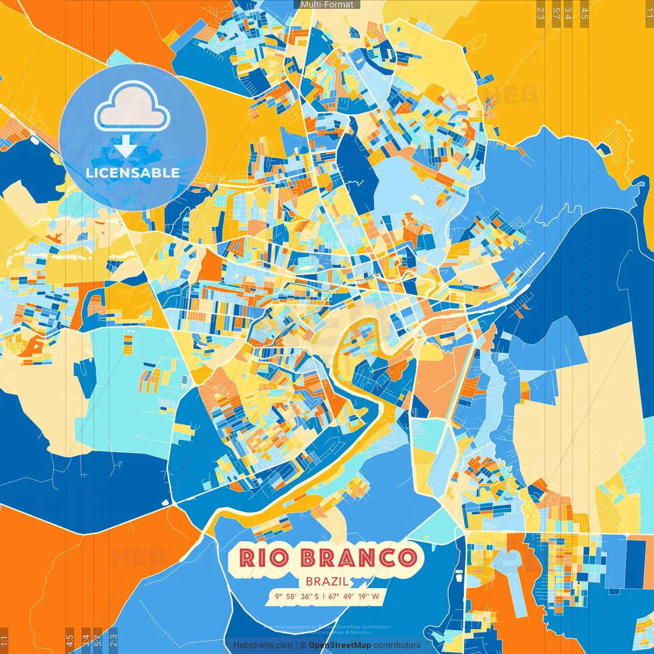 Rio Branco, Brazil blue and orange vector art map template