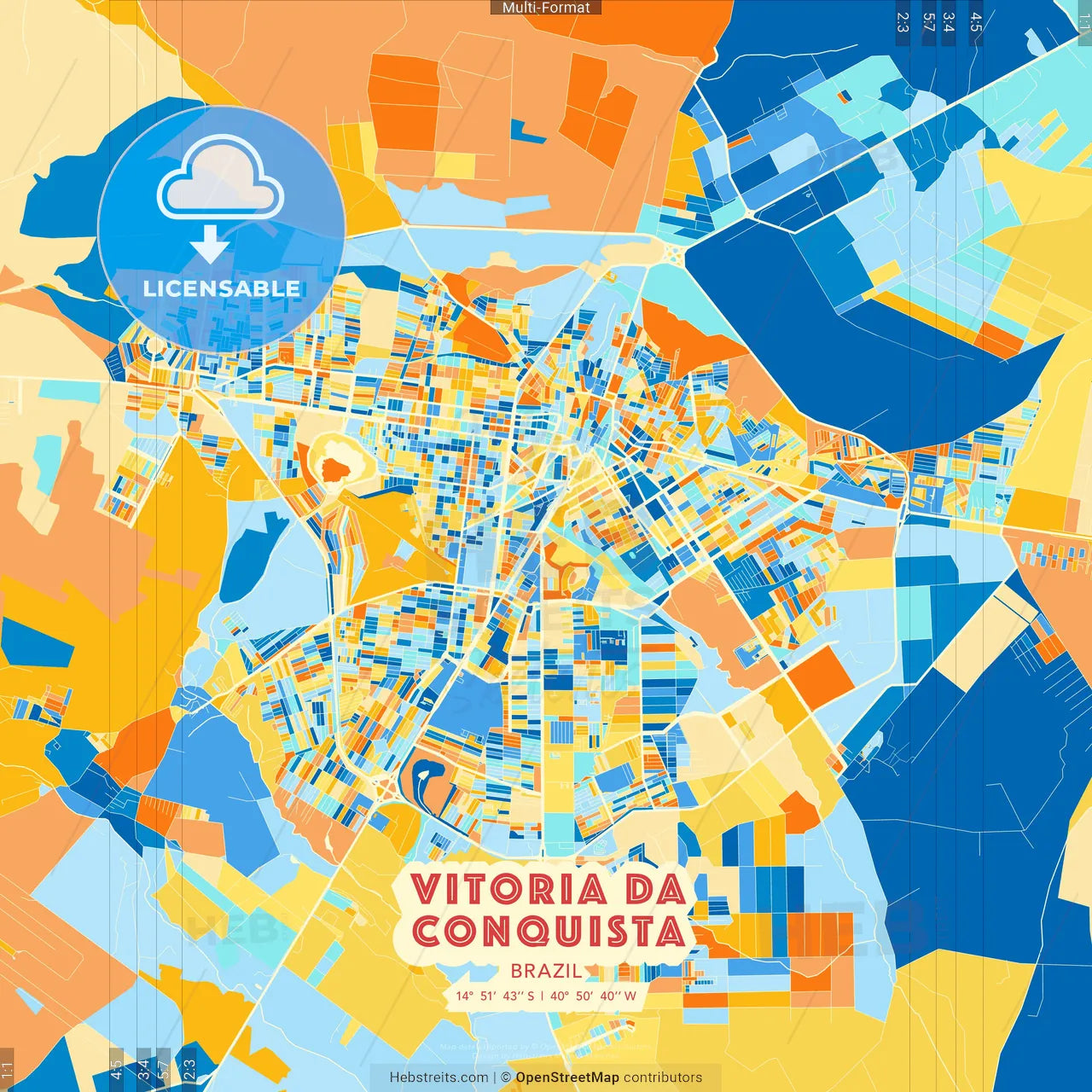 Vitoria da Conquista, Brazil blue and orange vector art map template