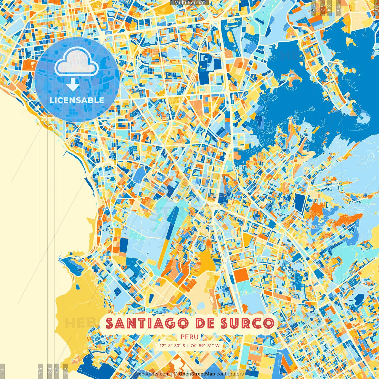 Santiago de Surco, Peru blue and orange vector art map template