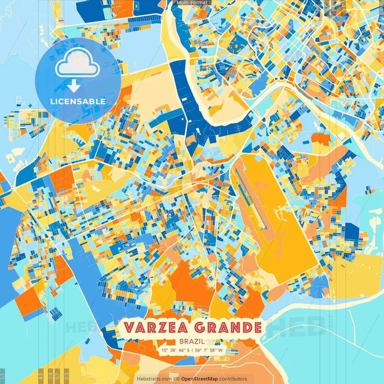Varzea Grande, Brazil blue and orange vector art map template