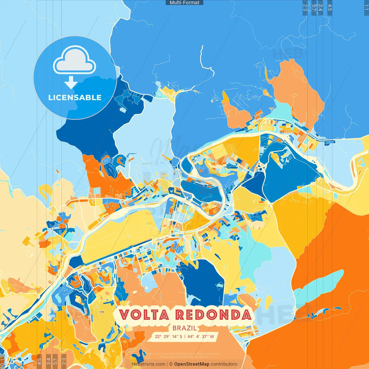 Volta Redonda, Brazil blue and orange vector art map template