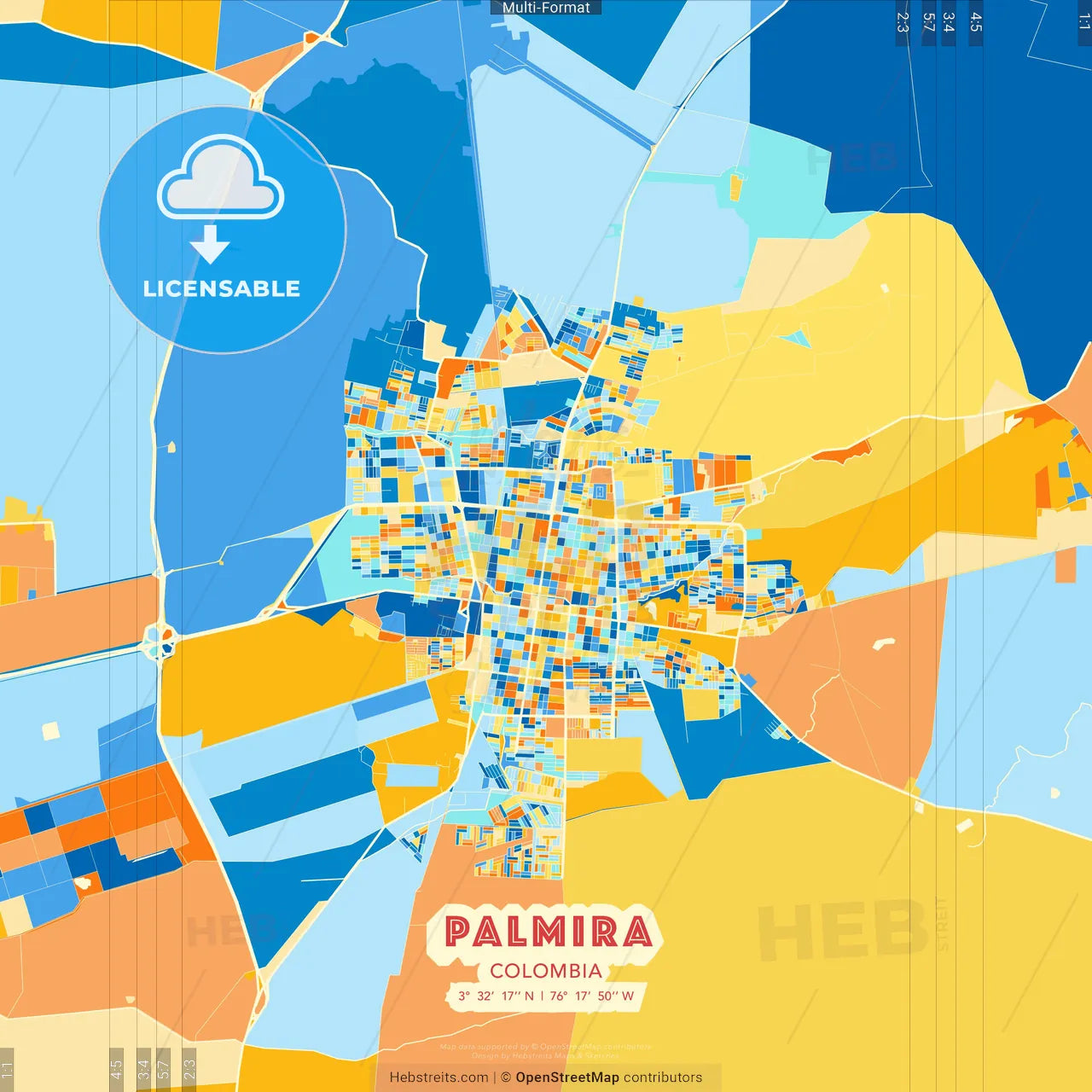 Palmira, Colombia blue and orange vector art map template