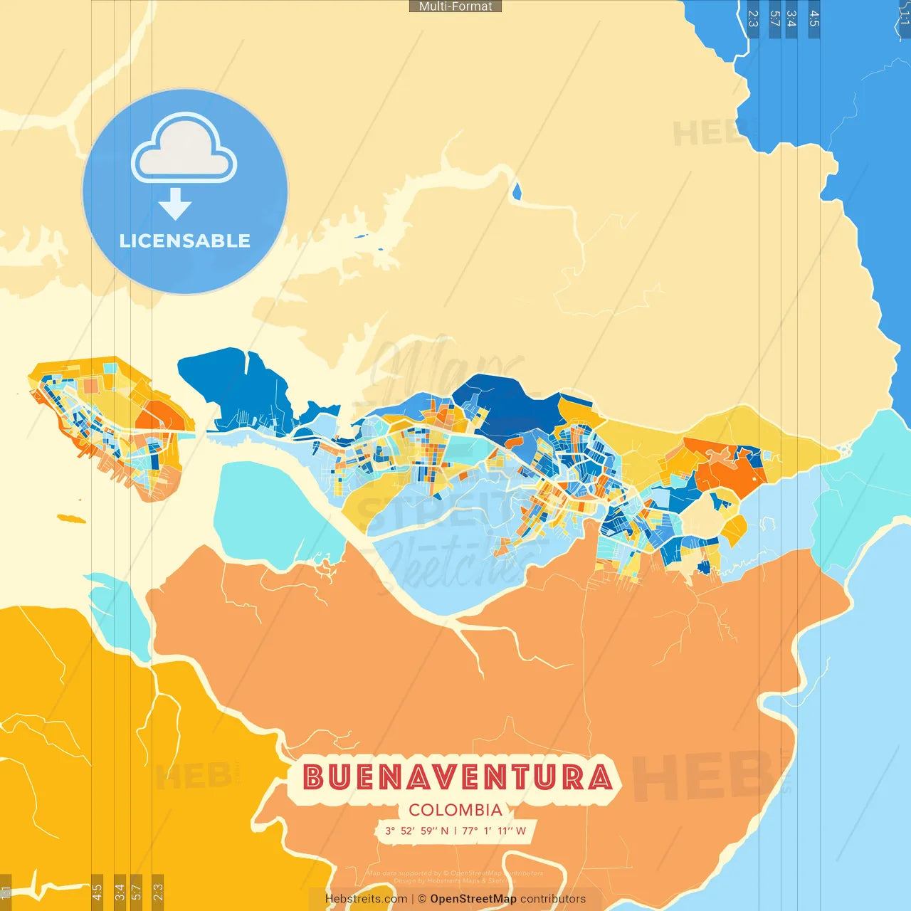 Buenaventura, Colombia blue and orange vector art map template