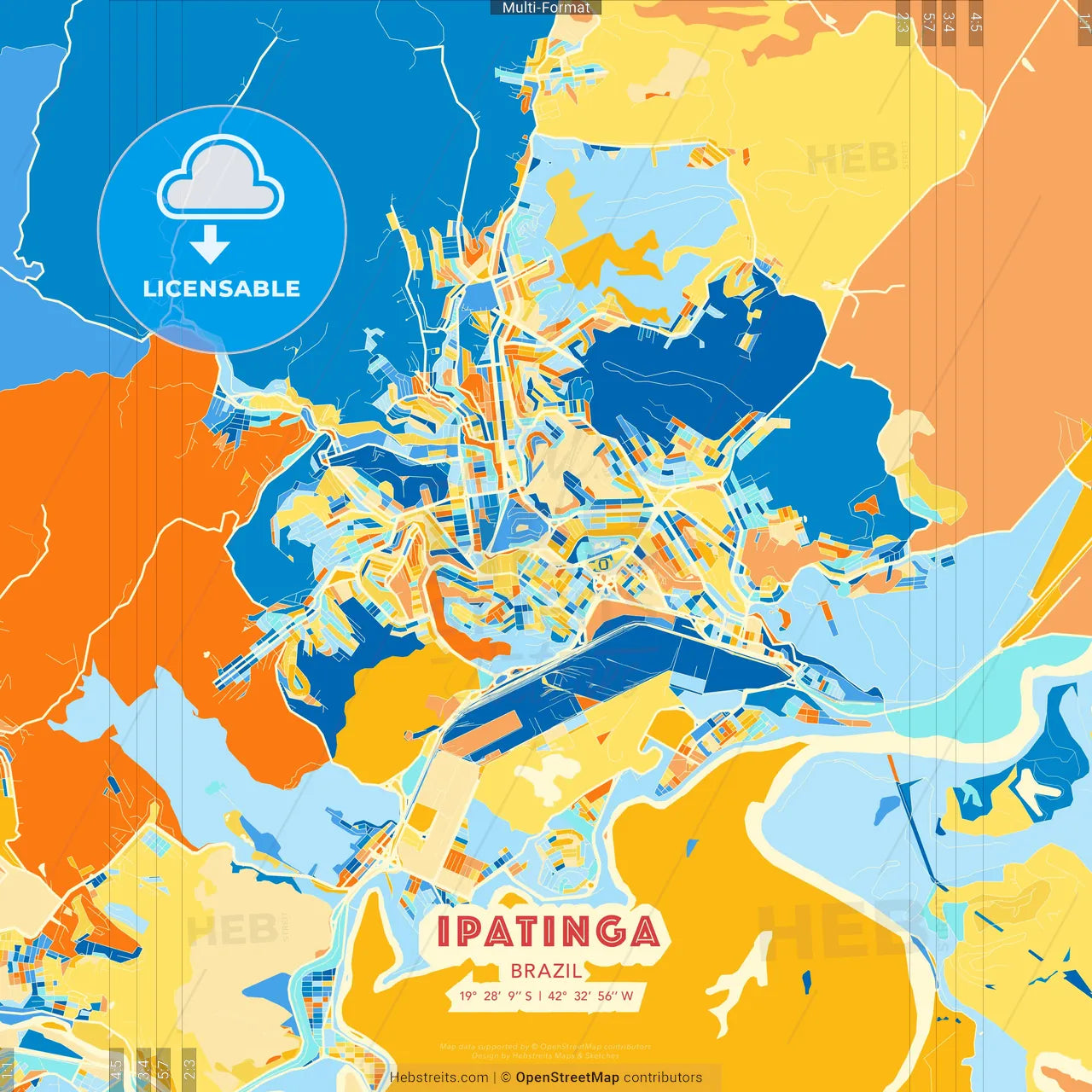 Ipatinga, Brazil blue and orange vector art map template