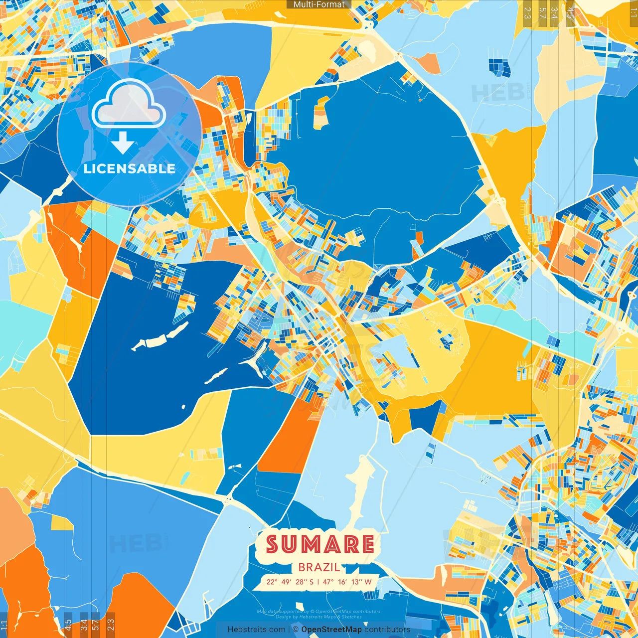 Sumare, Brazil blue and orange vector art map template