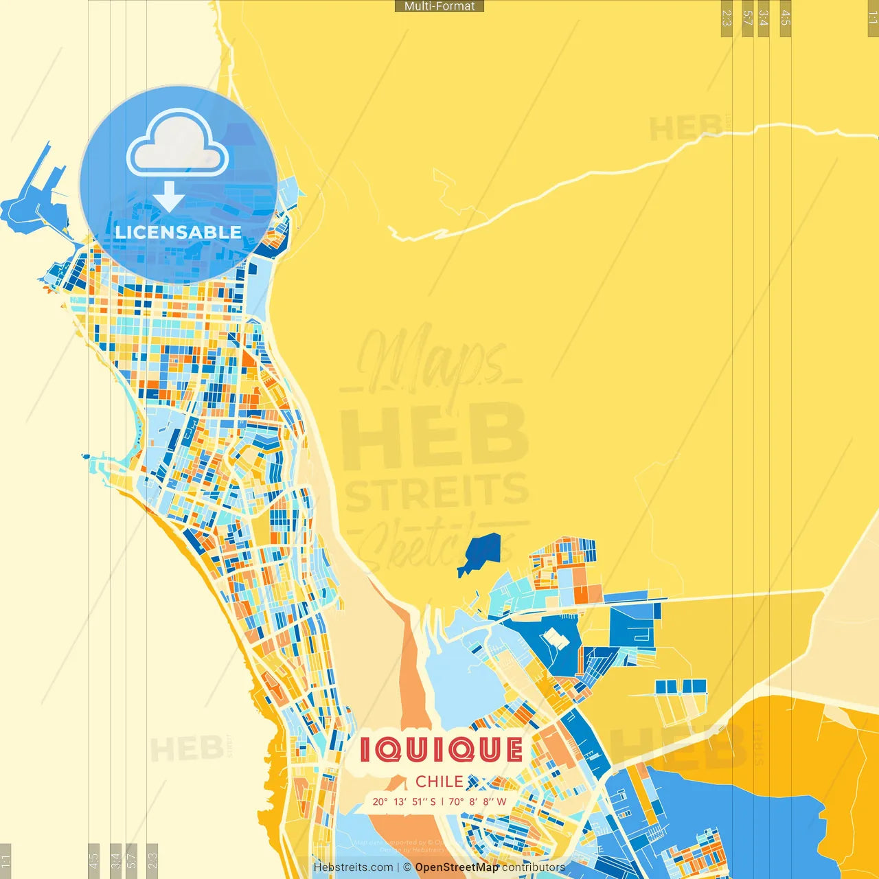 Iquique, Chile blue and orange vector art map template