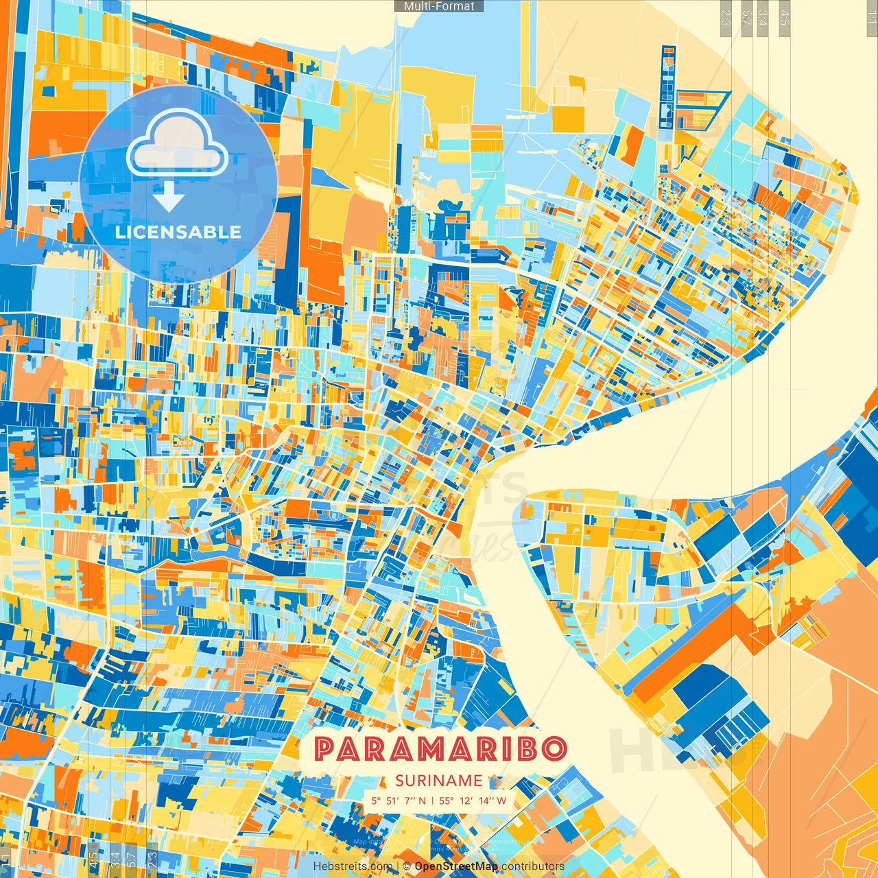 Paramaribo, Suriname blue and orange vector art map template
